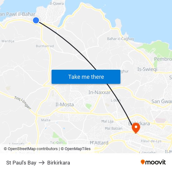 St Paul's Bay to Birkirkara map