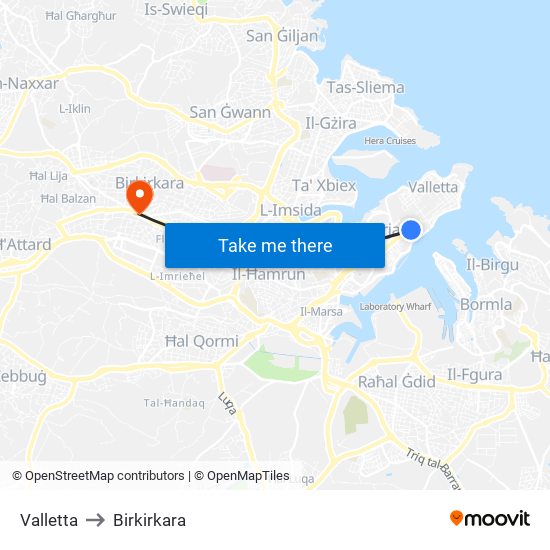 Valletta to Birkirkara map