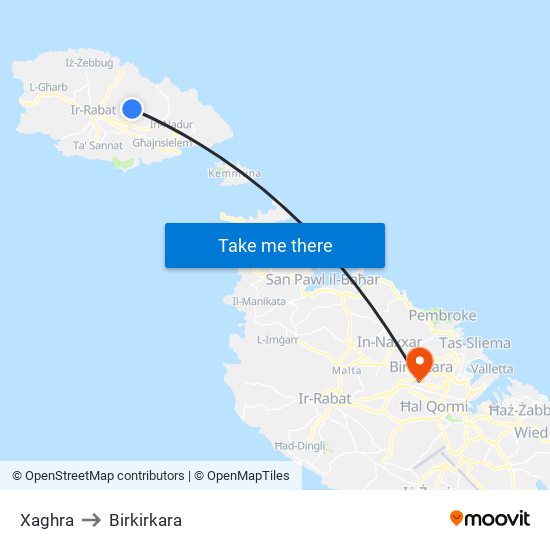 Xaghra to Birkirkara map