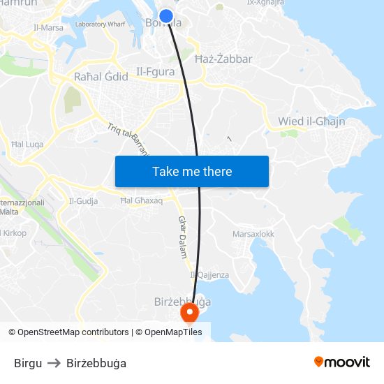 Birgu to Birżebbuġa map