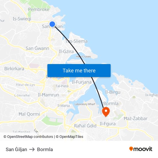 San Ġiljan to Bormla map