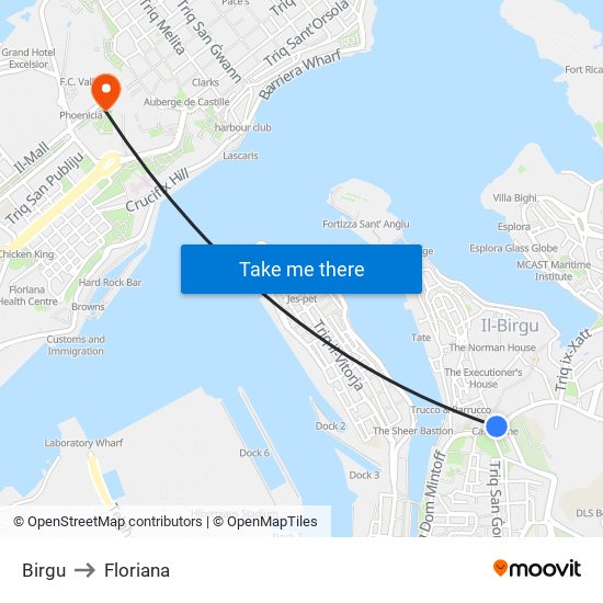 Birgu to Floriana map