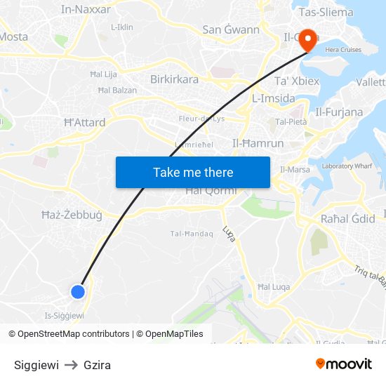 Siggiewi to Gzira map