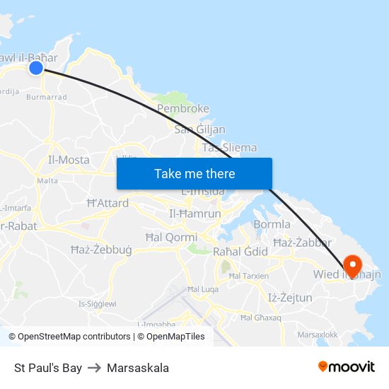 St Paul's Bay to Marsaskala map