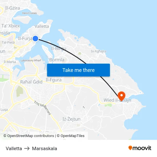 Valletta to Marsaskala map