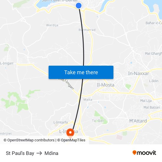 St Paul's Bay to Mdina map