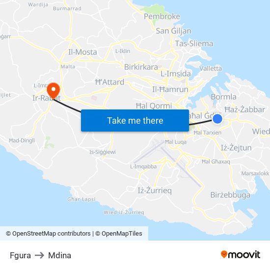 Fgura to Mdina map