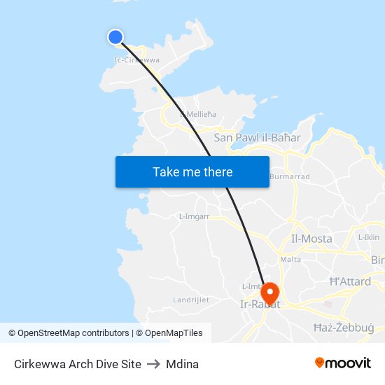Cirkewwa Arch Dive Site to Mdina map