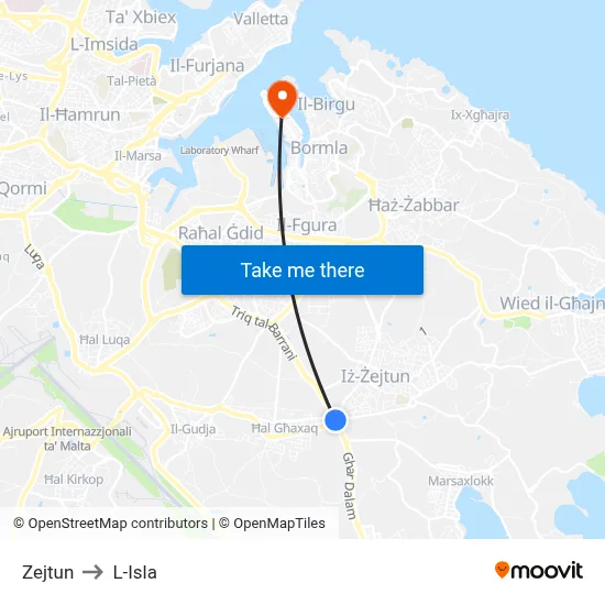 Zejtun to L-Isla map