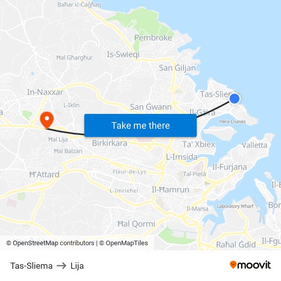 Tas-Sliema to Lija map
