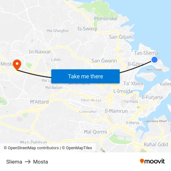 Sliema to Mosta map