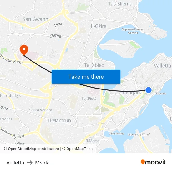 Valletta to Msida map