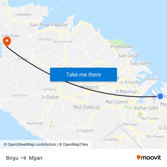 Birgu to Mġarr map