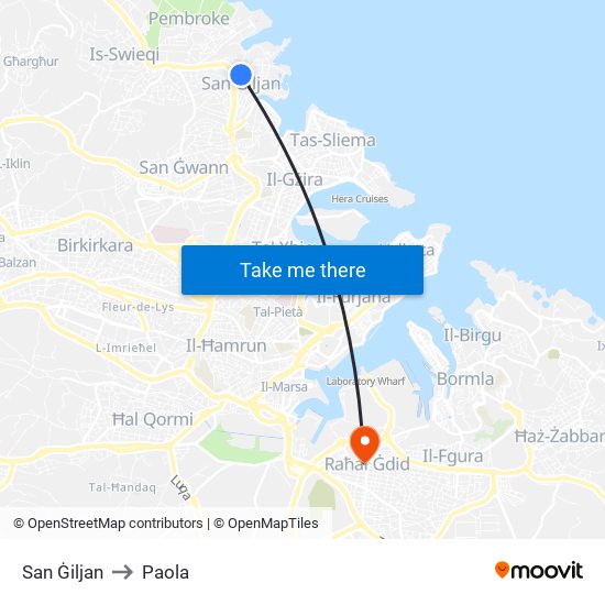 San Ġiljan to Paola map