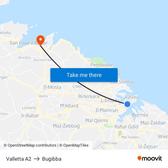 Valletta A2 to Buġibba map