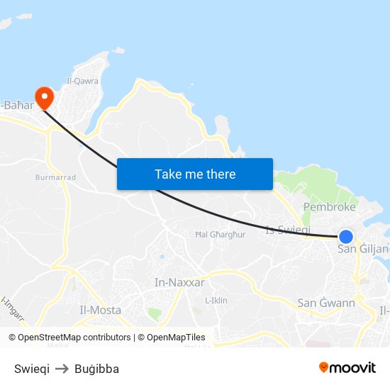 Swieqi to Buġibba map