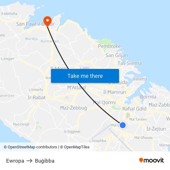 Ewropa to Buġibba map