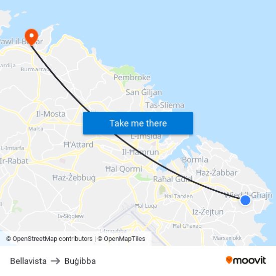 Bellavista to Buġibba map