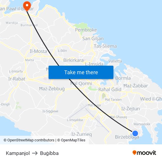 Kampanjol to Buġibba map