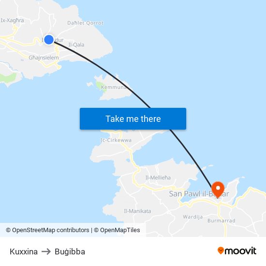 Kuxxina to Buġibba map