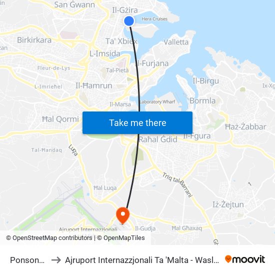 Ponsonby to Ajruport Internazzjonali Ta 'Malta - Wasliet map