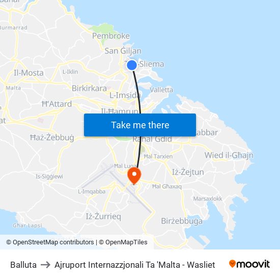 Balluta to Ajruport Internazzjonali Ta 'Malta - Wasliet map