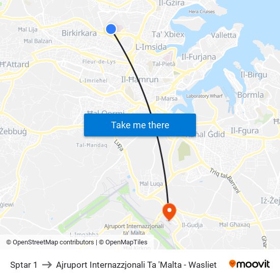 Sptar 1 to Ajruport Internazzjonali Ta 'Malta - Wasliet map