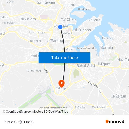 Msida to Luqa map