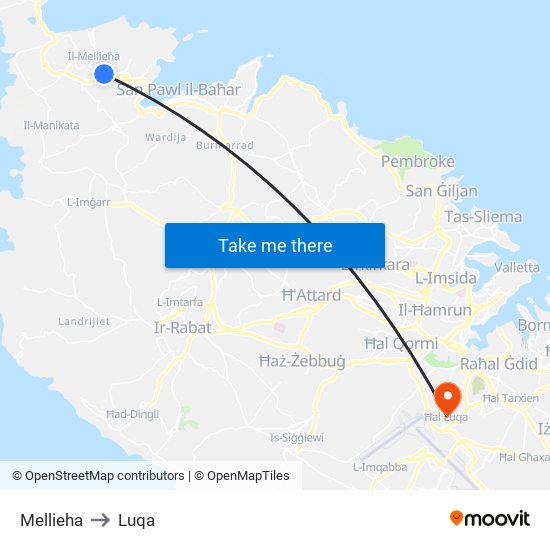 Mellieha to Luqa map