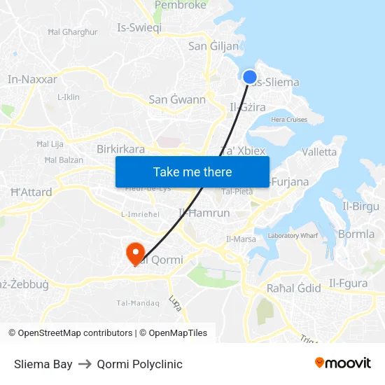 Sliema Bay to Qormi Polyclinic map