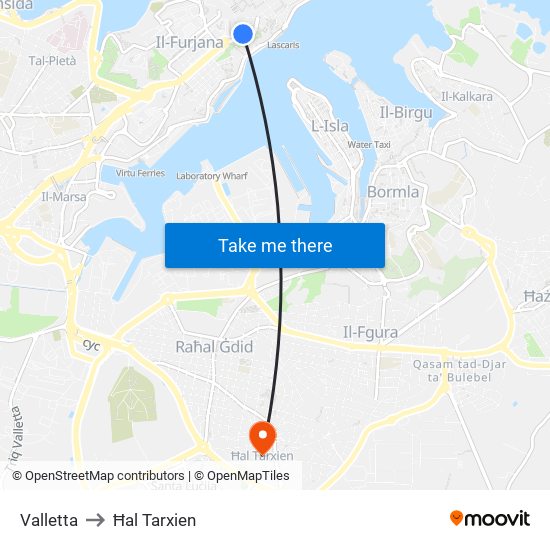Valletta to Ħal Tarxien map