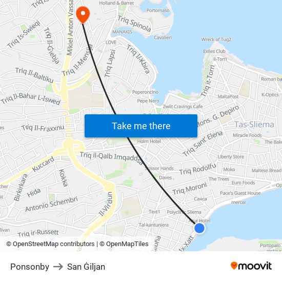 Ponsonby to San Ġiljan map