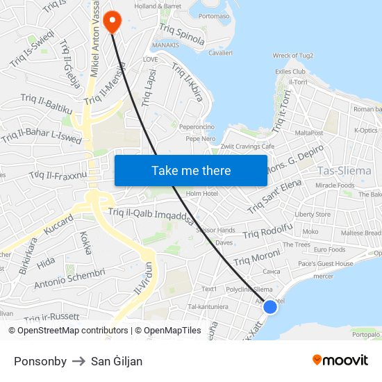 Ponsonby to San Ġiljan map