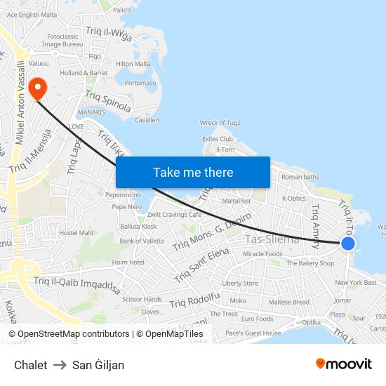 Chalet to San Ġiljan map