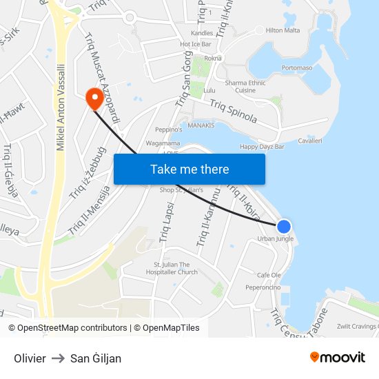 Olivier to San Ġiljan map
