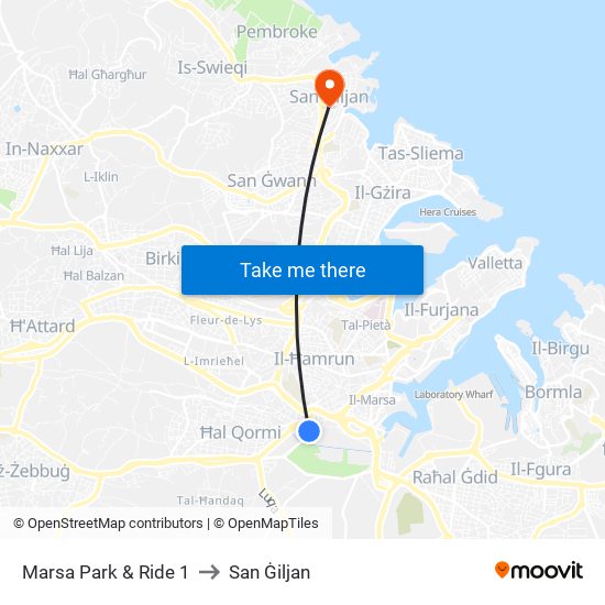 Marsa Park & Ride 1 to San Ġiljan map