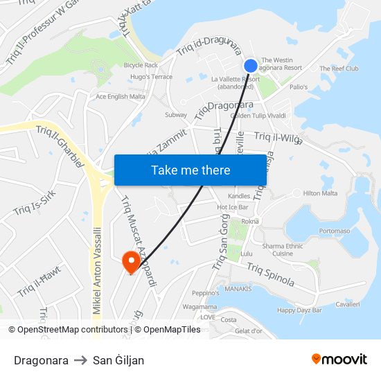 Dragonara to San Ġiljan map