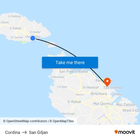 Cordina to San Ġiljan map
