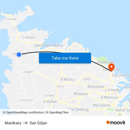 Manikata to San Ġiljan map