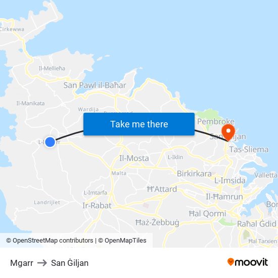 Mgarr to San Ġiljan map