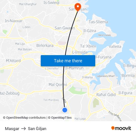 Masgar to San Ġiljan map