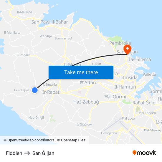 Fiddien to San Ġiljan map