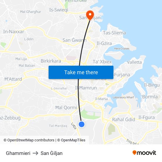 Ghammieri to San Ġiljan map