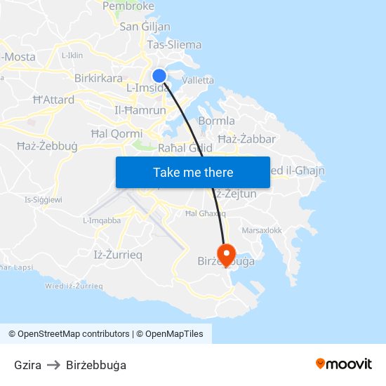 Gzira to Birżebbuġa map