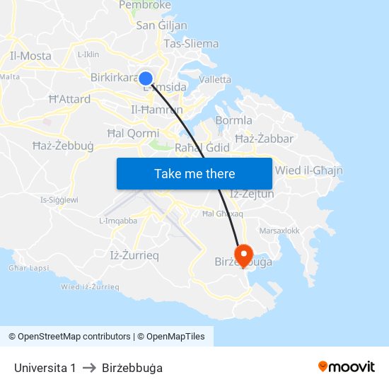 Universita 1 to Birżebbuġa map