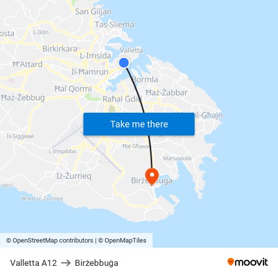 Valletta A12 to Birżebbuġa map