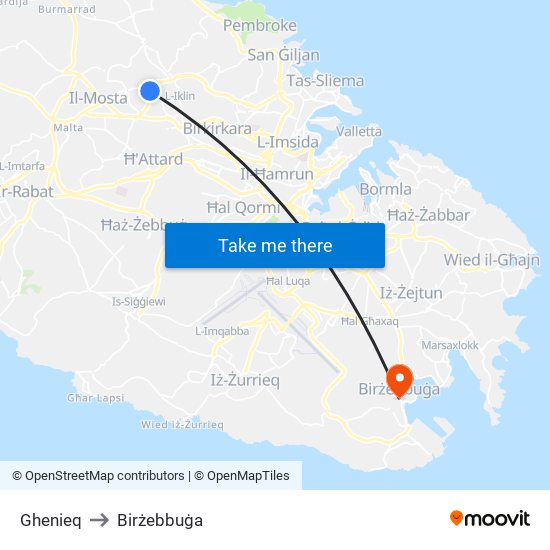 Ghenieq to Birżebbuġa map