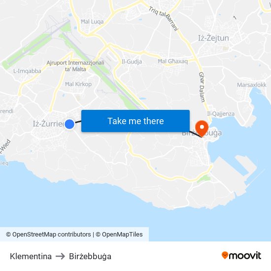 Klementina to Birżebbuġa map