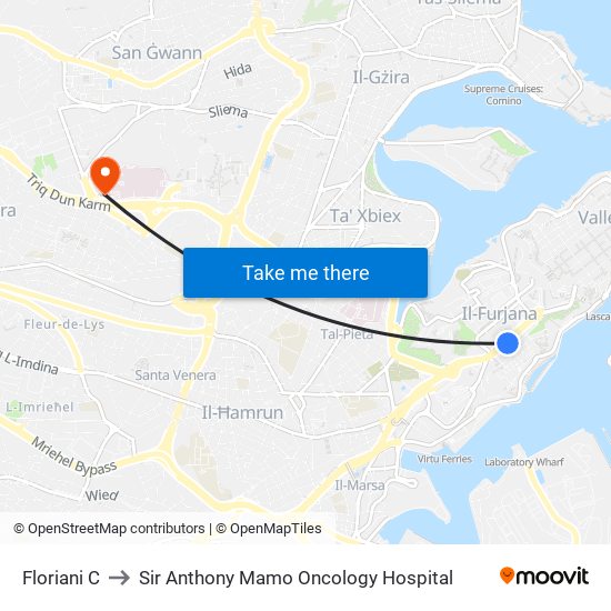 Floriani C to Sir Anthony Mamo Oncology Hospital map