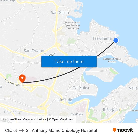 Chalet to Sir Anthony Mamo Oncology Hospital map